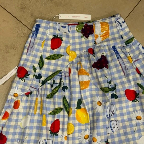 NWT Lisa Says Gah Maeve Midi Skirt Picnic Alfresco Gingham Blue Fruit Vegetable - Picture 5 of 7